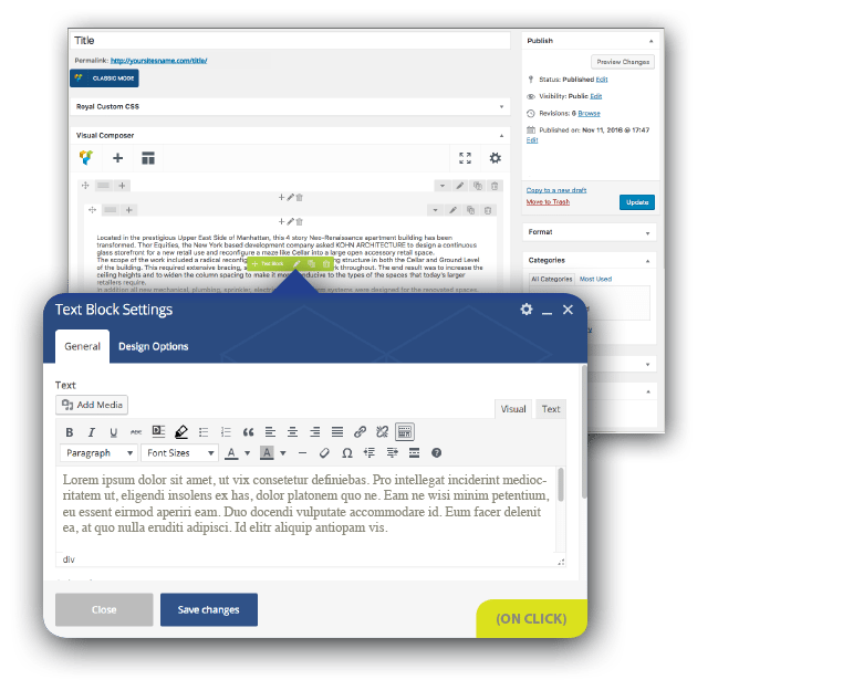 Computer screen showing the backend of a WordPress site with text block settings open