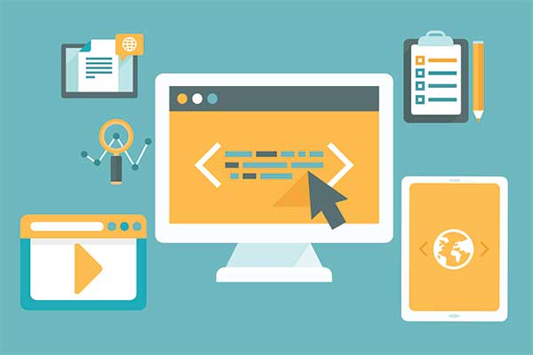 Computer monitor showing code, tablet with globe, and icons for documents, data, and video