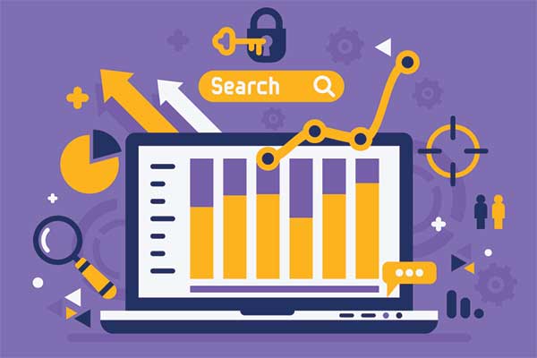 Laptop with bar graph, line graph, arrows, search bar, and magnifying glass