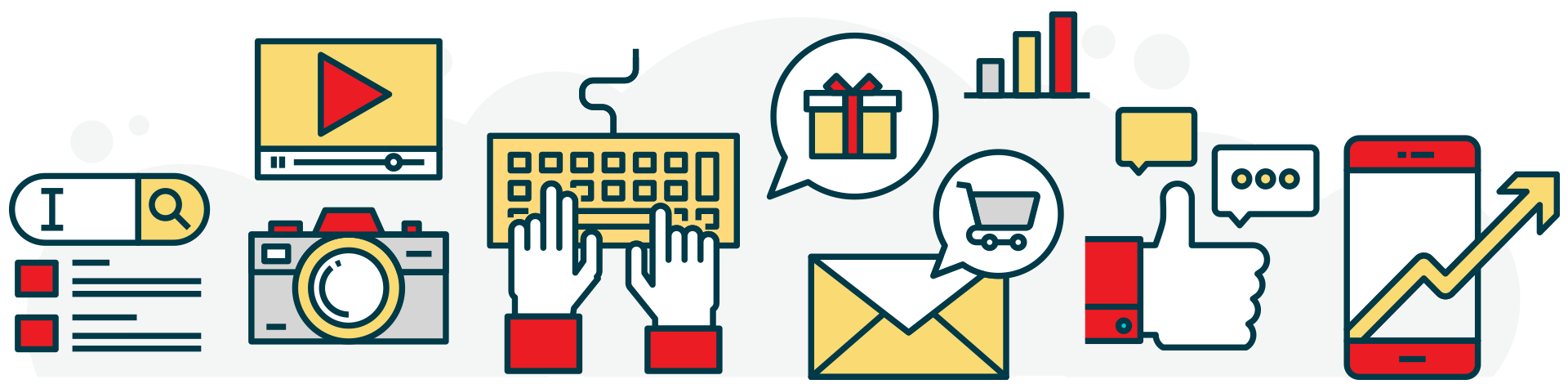 digital-marketing-home-base Icons representing digital marketing: search bar, video player, camera, keyboard, gift, shopping cart, email, social media, p
