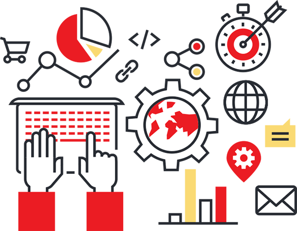 digital-marketing-home2 Hands at a laptop with icons for a pie chart, shopping cart, code, globe, and email