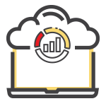 hosting-backups laptop under a cloud icon with a circular data chart and bar graph