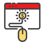 Computer monitor showing a dollar sign with radiating lines connected by a curvy line to a computer mouse