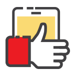 hand holding smartphone with a yellow screen and a thumbs up icon