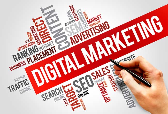 digital-marketing-home Hand writing on a digital marketing word cloud with words like content, SEO, and traffic