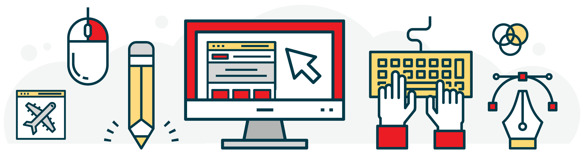 Computer mouse, pencil, monitor with a webpage, hands typing on a keyboard, and a pen tool icon