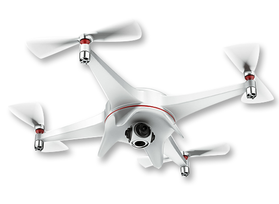 White drone with four propellers and a camera on the bottom