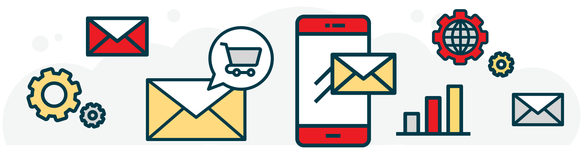 Illustration of mail envelopes, a chat bubble with a shopping cart, a phone, a bar chart, and gear icons