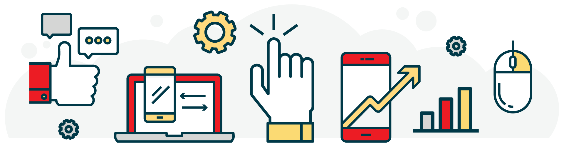 Outline illustrations of a thumbs up, laptop, clickable hand, phone with graph, bar chart, and computer mouse