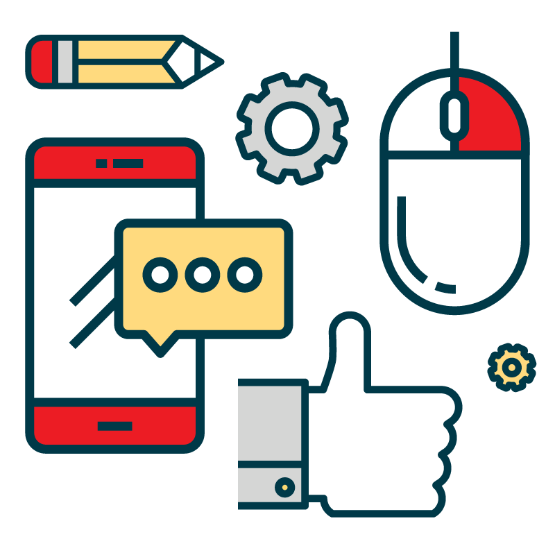 Stylized icons of a pencil, gear, computer mouse, smartphone with message, and a thumbs-up hand