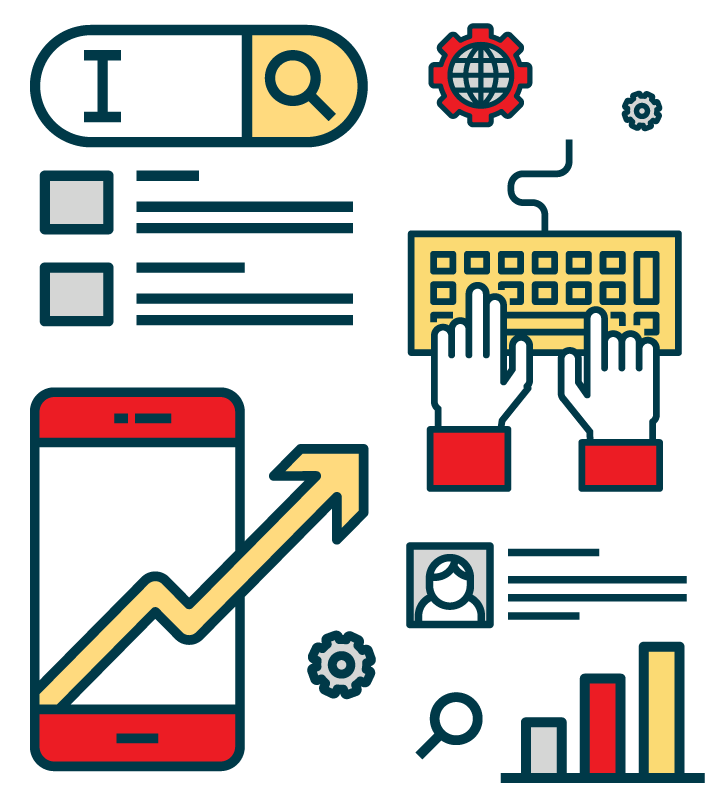 Graphic showing a search bar, hands typing on a keyboard, a phone with an upward trending arrow, and a bar chart