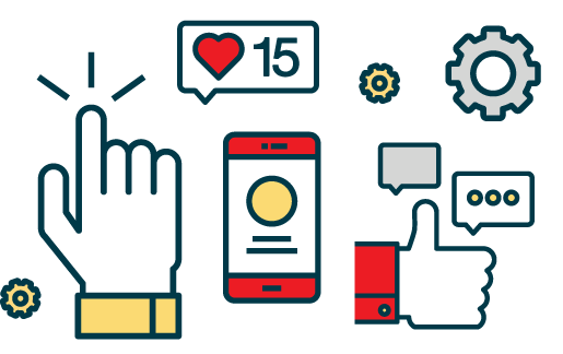social-media-graphic Outline illustrations of a clicking hand, smartphone, and social networking icons