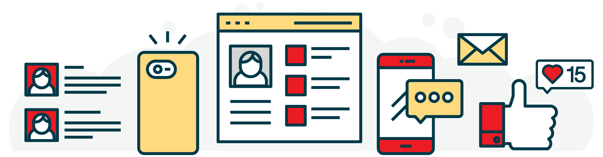 social-media-header Illustration of user profiles, social media app, message, likes, and a camera phone