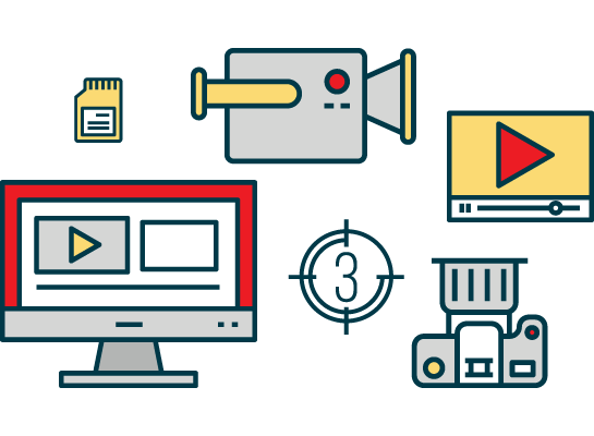 Icons of a memory card, video camera, media player, monitor, camera target with a 3, and a DSLR camera