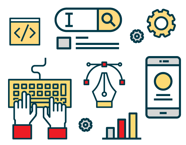 Hands typing on a keyboard, a code bracket, search bar, gears, pen tool, smartphone, and bar chart