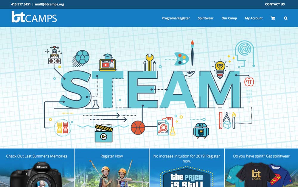 Website homepage for BT Camps with blue banner, STEAM graphic, and summer camp ads