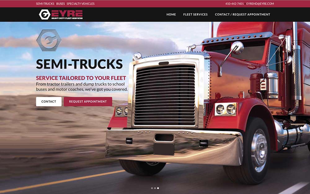 Website showing a red semi-truck with text "Semi-Trucks" and "Eyre Heavy Duty Fleet Services