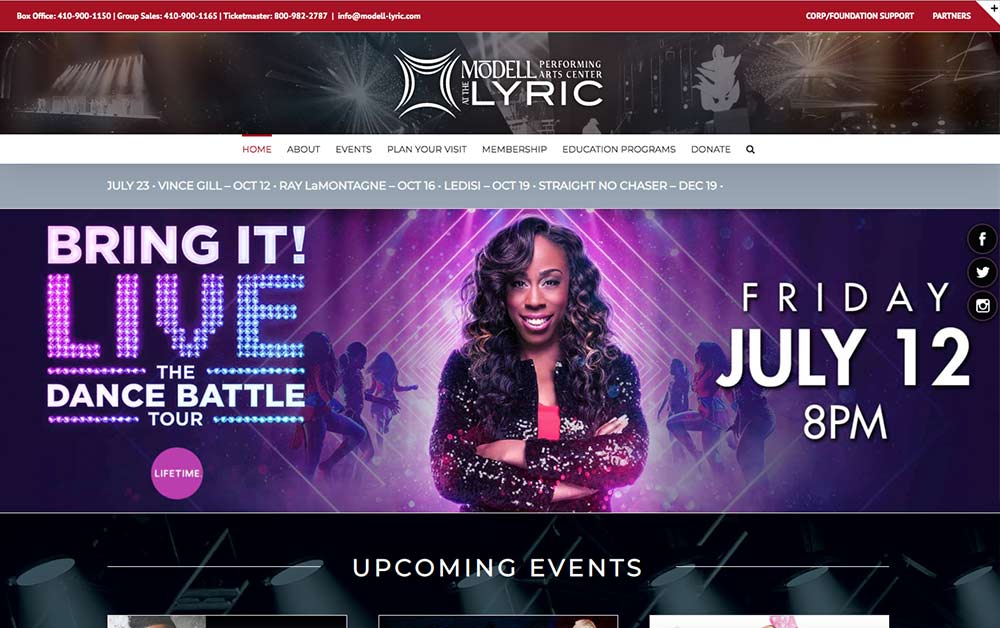 Modell Lyric performing arts center website with a banner for Bring It! Live The Dance Battle Tour