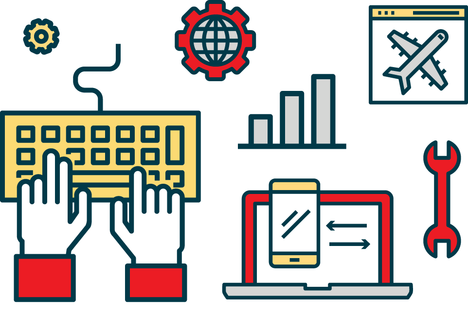 Hands typing on a yellow keyboard, a laptop with a phone, bar charts, gears, a wrench, and a browser window with an airplane